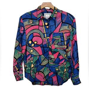 Vintage Z Cavaricci Abstract Art to Wear Button Up Blouse Womens Large 80s 90s